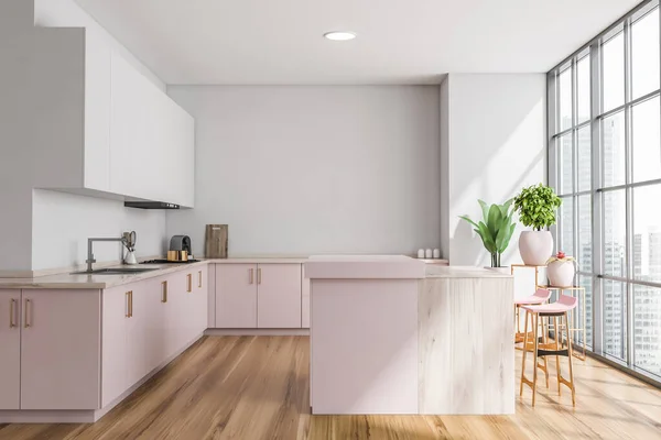 Luz Interior Sala Cozinha Com Mesa Dois Assentos Piso Madeira — Fotografia de Stock