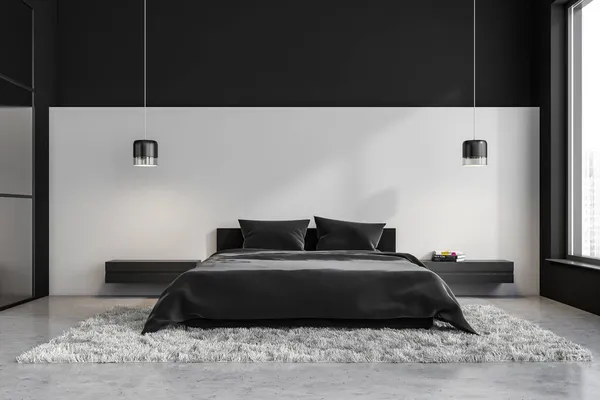 Interior Kamar Tidur Modern Dengan Dua Lampu Liontin Rak Yang — Stok Foto