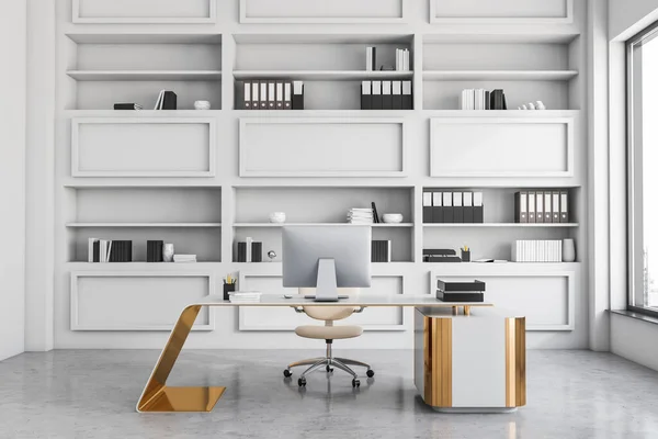 Stilvolles Weißes Ceo Bürointerieur Mit Goldenen Details Persönlichen Schreibtisch Stilvollen — Stockfoto