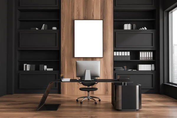 Luxury design of CEO office interior with original office desk, empty canvas, stylish black shelves, wood floor and parquet floor. Mock up. Concept of working place. 3d rendering
