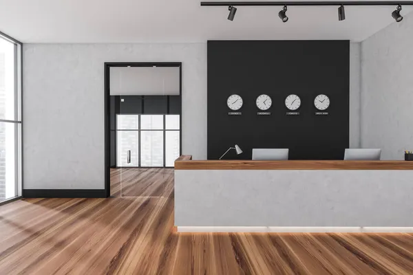 Double Front Desk Interior Clocks Showing World Time Black White — Stock Photo, Image