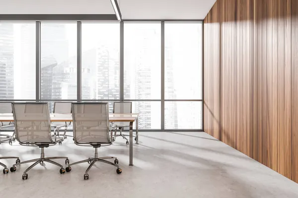 Innenraum Aus Holz Mit Weißen Sesseln Seitenblick Betongrauer Boden Büromöbel — Stockfoto