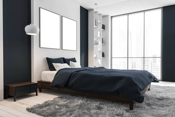 两幅画布在白色和蓝色的卧室内部 角落有书架 床头柜 灰色地毯和木地板 现代设计的概念 3D渲染 — 图库照片