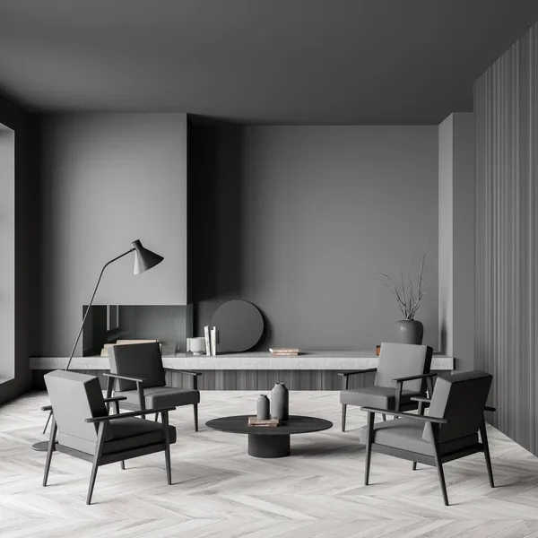 Graue Wohnzimmereinrichtung Mit Vier Sesseln Umliegendem Couchtisch Parkettboden Und Modernem — Stockfoto