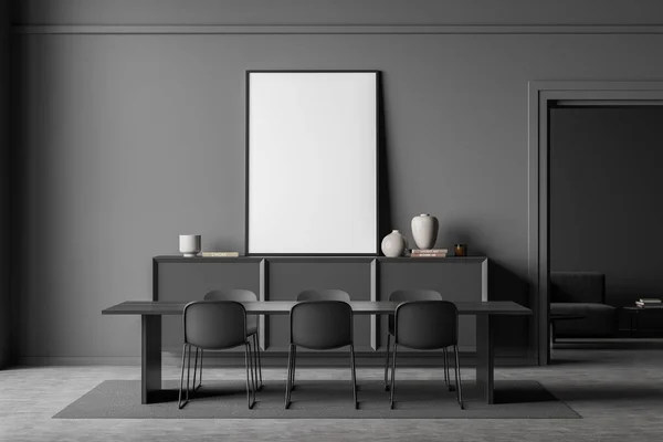 Σκούρο Εσωτερικό Τραπεζαρίας Κενή Λευκή Αφίσα Έξι Καρέκλες Τραπέζι Καναπές — Φωτογραφία Αρχείου