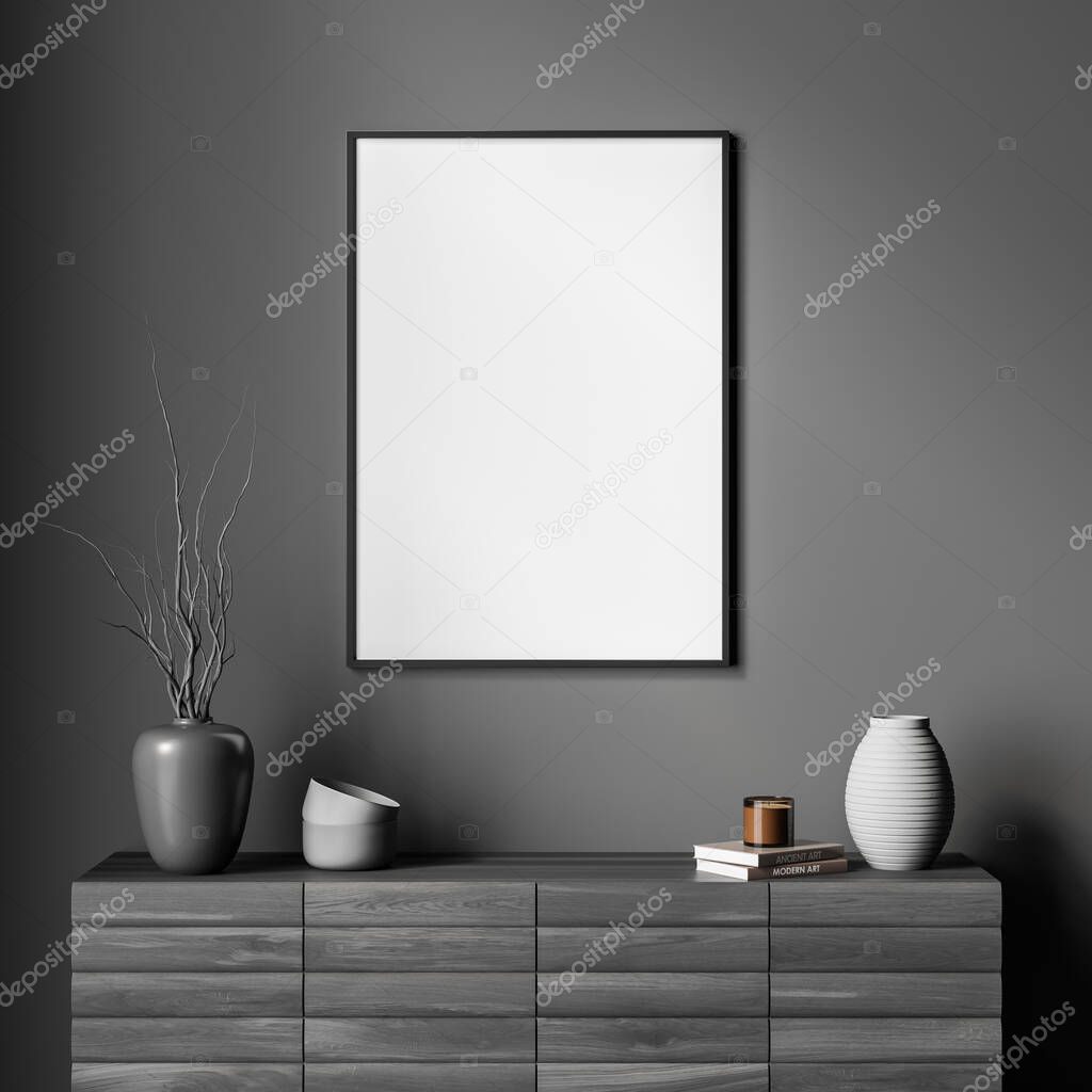 Empty canvas on wall over sideboard with vases on top. Concept of modern house interior design. Mock up. 3d rendering