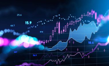 Borsa değişiklikleri, iş şamdanları grafikleri ve sayılı menekşe şamdanlar. Bokeh ışıkları olan mavi çizelge hologramı ve çizgiler. Forx kavramı, çevrimiçi ticaret. 3B görüntüleme