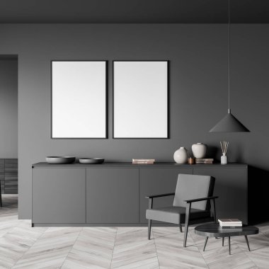 Karanlık bekleme odasının içinde iki boş beyaz poster, koltuk, sehpa, lamba ve beton zemin var. Serinlemek ve buluşmak için minimalist tasarım kavramı. Model yap. 3d oluşturma