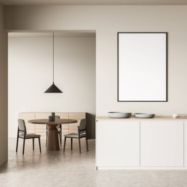 Parlak yemek odası içi boş beyaz poster, üç sandalye, masa, lamba ve beton zemin. Serinlemek ve buluşmak için minimalist tasarım kavramı. Model yap. 3d oluşturma