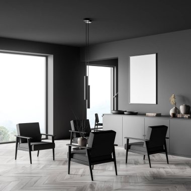 İçi boş beyaz posterlerle, panoramik pencerelerle, koltuklarla, sehpalarla ve meşe ağacından parke zeminlerle dolu karanlık bir bekleme odası. Serinlemek ve buluşmak için minimalist tasarım kavramı. Model yap. 3d oluşturma