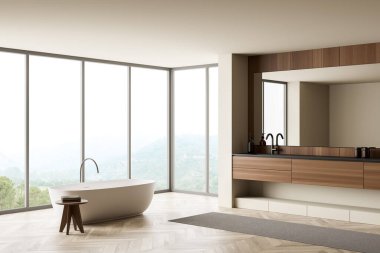 Parlak banyo manzarası, banyo küveti, meşe ağacı ahşap zemin kırsal manzaralı panoramik pencere, ayna ve havlular. Hijyenik ve spa prosedürleri kavramı. 3d oluşturma