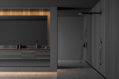 Duş, beton zemin, ayna, lavabo ve havlularla dolu karanlık bir banyo. Hijyenik ve spa prosedürleri kavramı. 3d oluşturma