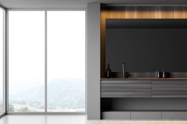 İçi lavaboyla dolu gri banyo odası ve aksesuar ve şişelerle dolu büyük ayna, arka ışık. Beton zemin ve pencere kırsal alanda, 3B görüntüleme