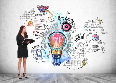 Ofisteki kadın kağıtlara not alıyor, gülümsüyor, parke zemine kadar uzanıyor. Ampullerle, grafiklerle, finansal analizlerle ve ağ iletişimiyle parlak iş karalaması. Başlangıcın konsepti
