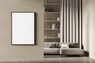 İçerisi kanepe ve yastıklarla, raflar kitaplarla ve vazolarla dolu, perdeler köşede. Minimalist misafir sanat odası. Boşluk tuval çerçevesini kopyala, 3B görüntüleme