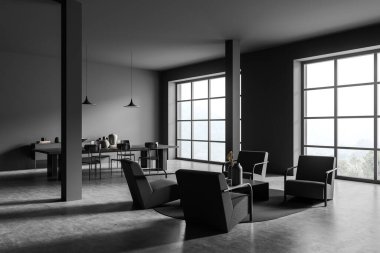 İçi koyu gri oturma odası dört koltuklu, etrafı çevrili kahve masası, kapalı mekan renkleri, yemek masası ve beton zemin. Köşe manzarası. Lüks yaşam alanı tasarımı kavramı. 3d oluşturma