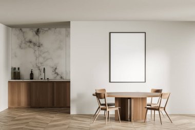 Arka planda minimalist mermer mutfak ve yuvarlak masa ile bej yemek odasında boş çerçeve modeli. Parke zemin. 3d oluşturma
