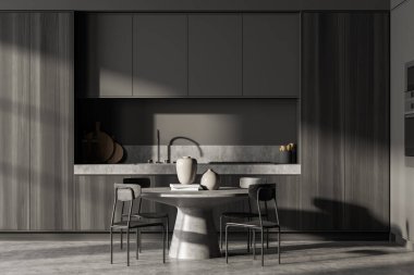 Gri mutfak odası içi masa ve gri beton zemin üzerinde koltuklar, ön manzara. Lavabosu ve rafları olan yemek odası, 3 boyutlu görüntüleme