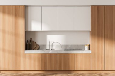 Ahşap iç döşeme, masa, lavabo ve soba, mutfak gereçleri ve kesim tahtası, ön manzara. Parke zemin üzerinde beyaz lüks mutfak, 3 boyutlu.