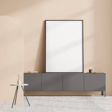 Parlak oturma odası içi boş beyaz poster, büfe, sehpa, kemer ve beton zemin. Soğukluk için minimalist tasarım kavramı. Model yap. 3d oluşturma