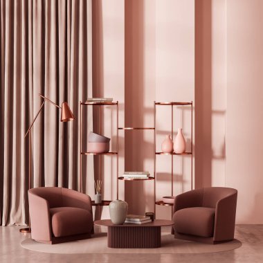Pembe oturma odasının içinde koltuklar, kitaplar ve vazolar, süslemeler ve perdeler var. Beton zeminde minimalist bekleme odası, 3D görüntüleme 