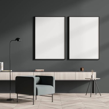 İçinde iki boş beyaz poster, büfe, sehpa, koltuk ve meşe ağacından parke zemin olan karanlık bir oturma odası. Soğukluk için minimalist tasarım kavramı. Model yap. 3d oluşturma