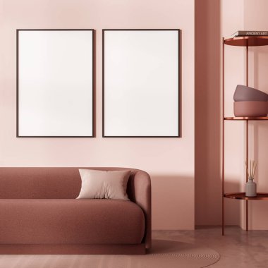 Dairenin içini rahatlatan parlak bir döşeme, kanepe, yastık ve beton zemin süslemesi. İki adet boş kopya alanı çerçevesi, 3 boyutlu görüntüleme