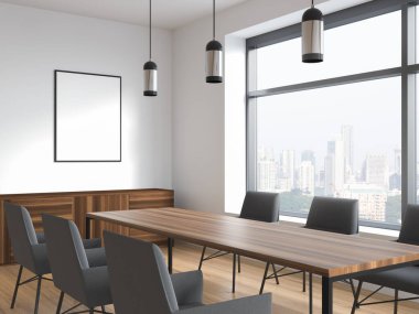 Beyaz toplantı odasında, kolye ışıkları, altı gri koltuk, panoramik pencere ve büfe olan tuvali hazırla. Modern iç tasarım kavramı. Köşe manzarası. 3d oluşturma