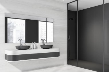 Duş, lavabo, ayna, beton zemin, Singapur gökdeleni manzaralı panoramik pencere. Sağlık için hijyenik ve spa prosedürleri kavramı. 3d oluşturma