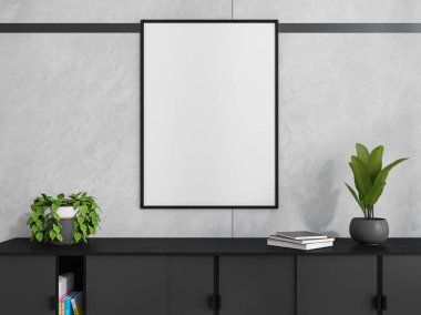 Siyah büfenin üzerinde boş çerçeveli beyaz fayanslı oturma odası duvarı. Modern iç tasarım kavramı. Model yap. 3d oluşturma