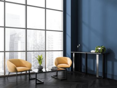 Mavi oturma odası, konsol masası, sarı oturma alanı, şehir manzaralı pencere ve siyah ahşap zemin. Modern tasarım kavramı. Köşe manzarası. 3d oluşturma