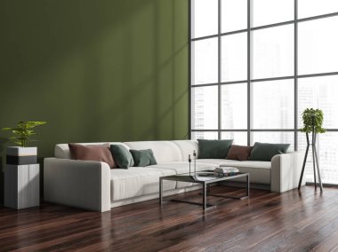 Koyu renk yastıklı köşe kanepe, parke döşemeli iç mekan, bitki ve pencere manzaralı kahve masası. Boş duvar kopyalama alanı, 3B oluşturma