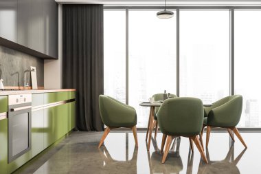 İçi masalı yeşil mutfak odası ve pencerenin yanında şehir manzaralı dört koltuk, yan manzara. Lavabosu ve rafları olan yemek odası, 3 boyutlu görüntüleme