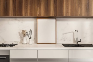 Minimalist yemek odası, beyaz güverte, mutfak gereçleri masada ve soba ile lavabo. Uzayın fotoğraf çerçevesi menüsünü ve tarifini kopyala, 3B oluşturma