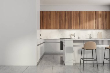 Masa ve bej koltuklu beyaz ahşap ahşap iç döşeme, mutfak gereçleri, fayanslı döşemeler. Boşluk boş duvarı kopyala, 3B oluşturma