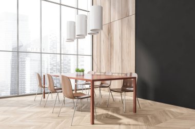 Parlak yemek odasının iç tarafında panoramik pencere, Singapur şehir manzarası, altı kahverengi sandalye, masa, lamba ve ahşap parke zemin. Soğukluk için minimalist tasarım kavramı. 3d oluşturma