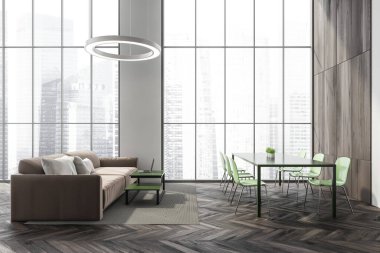 İçerisi panoramik pencereli, Singapur şehri manzaralı, kanepe, laptop, altı yeşil sandalye, masa, lamba ve ahşap parke zemin. Soğukluk için minimalist tasarım kavramı. 3d oluşturma