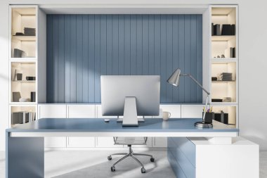 Beyaz ve mavi ofis içi masa, boş stil bir yer, dolaplar ve tekerlekli sandalye. Modern CEO iş yeri tasarımı kavramı. İnsan yok. 3d oluşturma