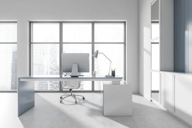 Masaüstü açık ofis odası, Singapur manzaralı panoramik pencere, rahat koltuk, kitaplık ve beton zemin. Çalışma süreci için mükemmel bir yer. Minimalist tasarım. 3d oluşturma