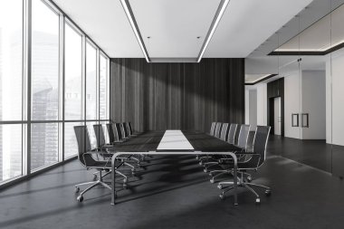 Beton zeminde siyah koltukları olan karanlık toplantı odası. Ofis minimalist mobilya ve iş merkezi koridoru, Singapur gökdelenleri, 3D görüntüleme