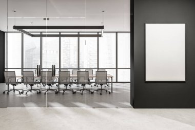 Beyaz toplantı odası, özel odada koltuklar, beton zemin. Ofis minimalist mobilyaları ve Singapur gökdelenleri. Girişten önce boşluğu kopyala, 3B görüntüleme