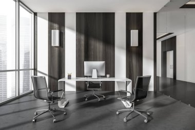 Panoramik pencereli karanlık ofis odası, masaüstü, rahat koltuk, masa, cam kapılar ve beton zemin. Çalışma süreci için mükemmel bir yer. Minimalist tasarım. 3d oluşturma