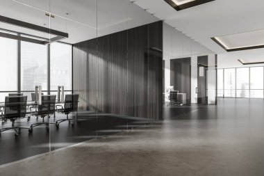 Karanlık ofis odasının iç tarafında panoramik pencere, masaüstü, rahat koltuklar, masa ve beton zemin. Çalışma süreci için mükemmel bir yer. Minimalist tasarım. 3d oluşturma