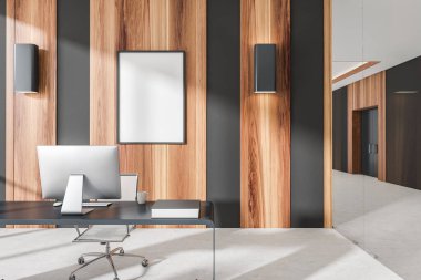 Parlak ofis odası içi boş beyaz poster, masaüstü, rahat koltuk, masa, cam kapılar ve beton zemin. Çalışma süreci için mükemmel bir yer. Minimalist tasarım. 3d oluşturma