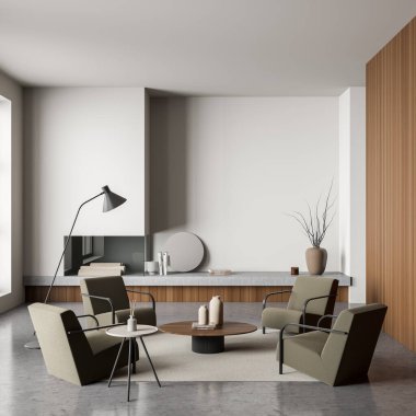 Beyaz oturma odasının içinde dört koyu yeşil koltuk, çevreleyen kahve masası, beton zemin ve düşük raflı modern şömine var. Sohbet fikri. 3d oluşturma