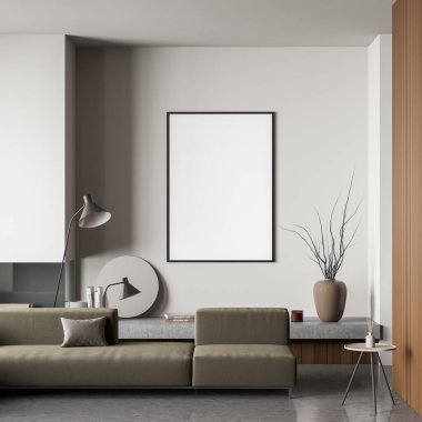 Açık bej oturma odasının içini kaplayan çerçeveli koyu yeşil kanepe, şık şömine, düşük raf, lamba, kahve masası ve parke döşeme. Modern ev tasarımı kavramı. 3d oluşturma