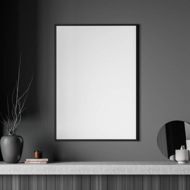 Duvardaki model çerçeve ahşap ve gri yatak odasındaki beton raf. Modern ev iç tasarımı kavramı. 3d oluşturma