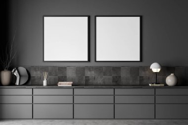 İki boş kare tuval koyu gri koridor içinde ekstra büyük büfe tasarımlı, fayanslı detaylar kullanılıyor. Modern duvar sanatı kavramı. Model yap. 3d oluşturma