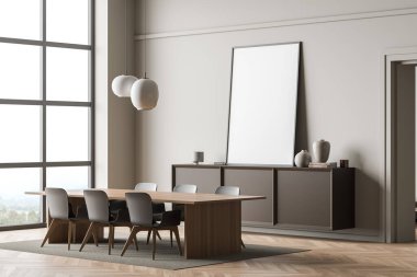 Parlak yemek odası içi boş beyaz afiş, panoramik pencere, altı sandalye, masa, kanepe, kemer, halı, kitap ve meşe ağacından zemin. Soğukluk için minimalist tasarım kavramı. Model yap. 3d oluşturma