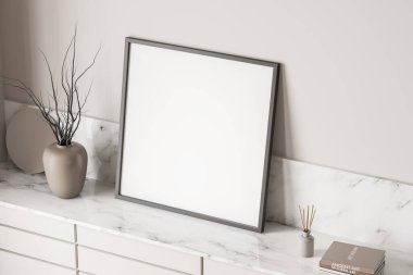 Üzerinde vazolar ve açık bej yatak odasının iç kısmı olan bir kitap. Modern kostümcü alan tasarımı kavramı. Model yap. 3d oluşturma